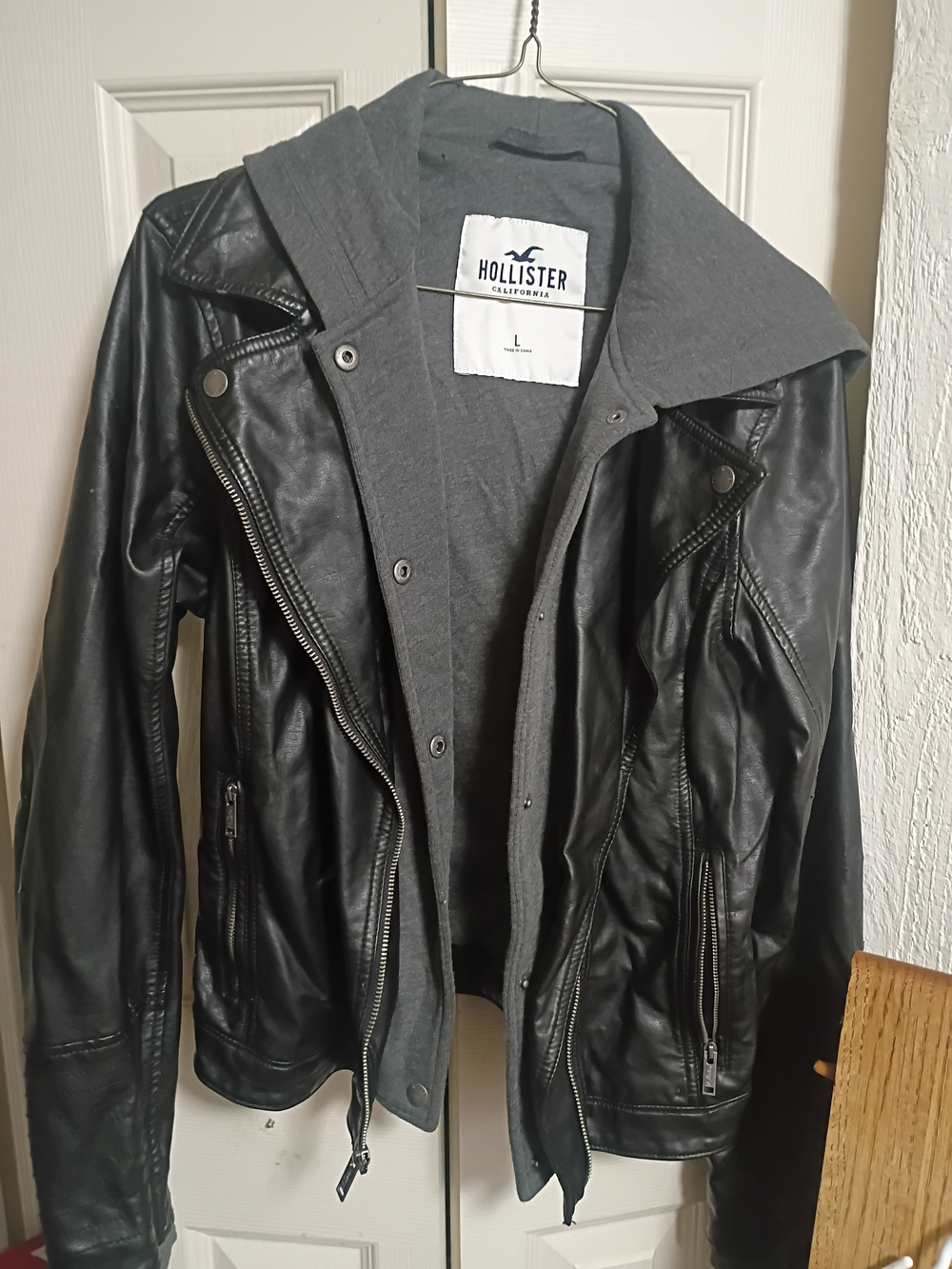 Hollister Men's Black Faux Leather Hooded Moto Jacket